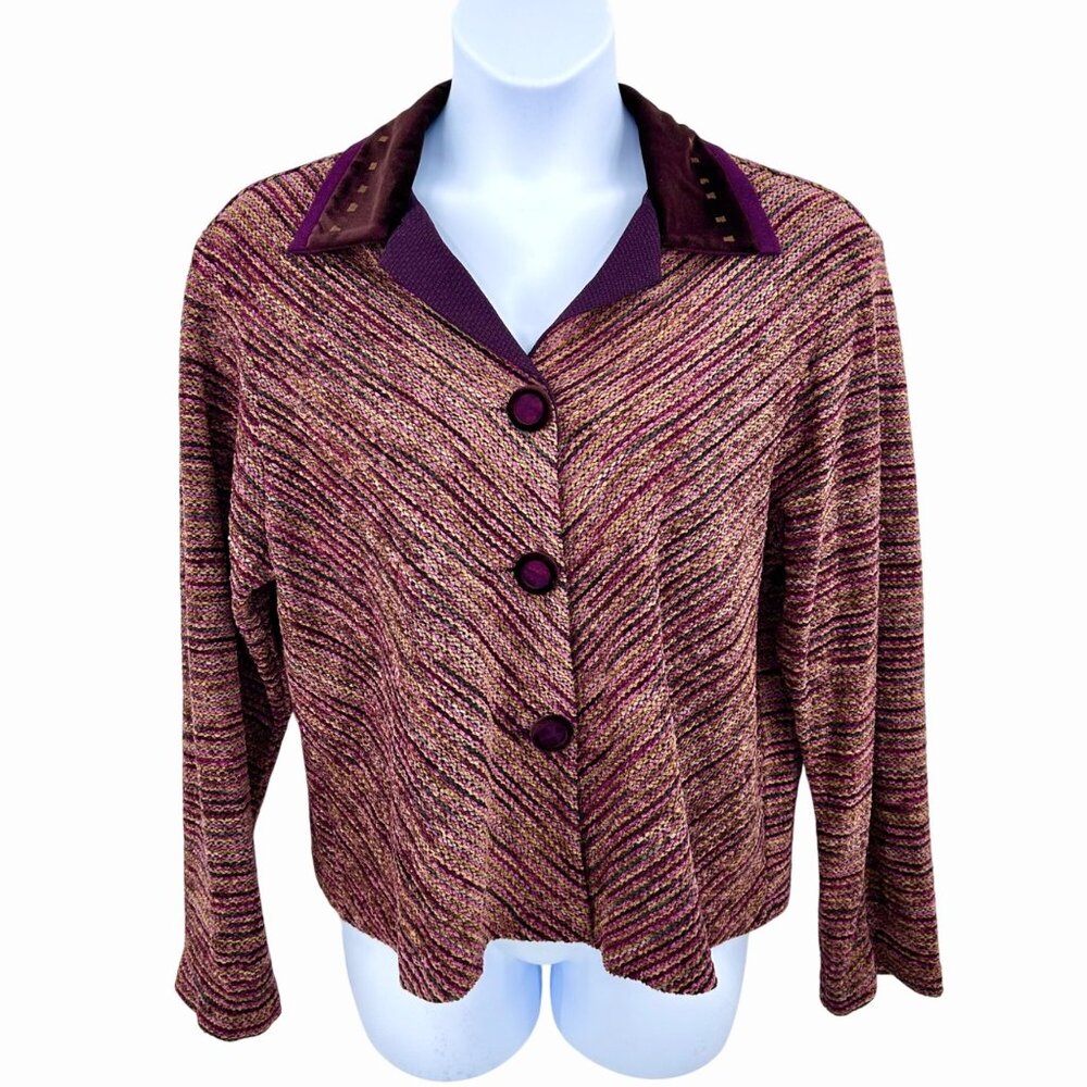 VINTAGE K.d. SPRING MULTICOLOR TEXTURED PURPLE BURGUNDY BUTTON CARDIGAN SWEATER